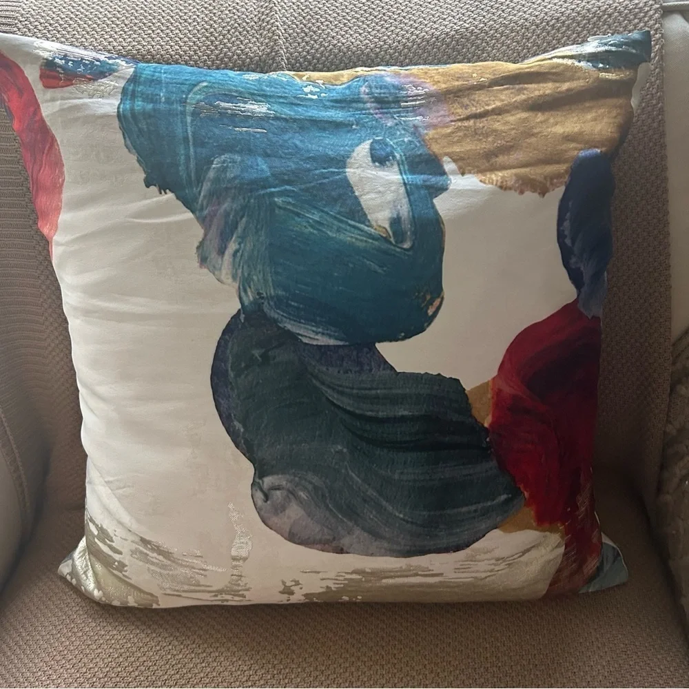 NWT West Elm Art Deco Pillow. Blue, Gold, Red with White Background. Metallic